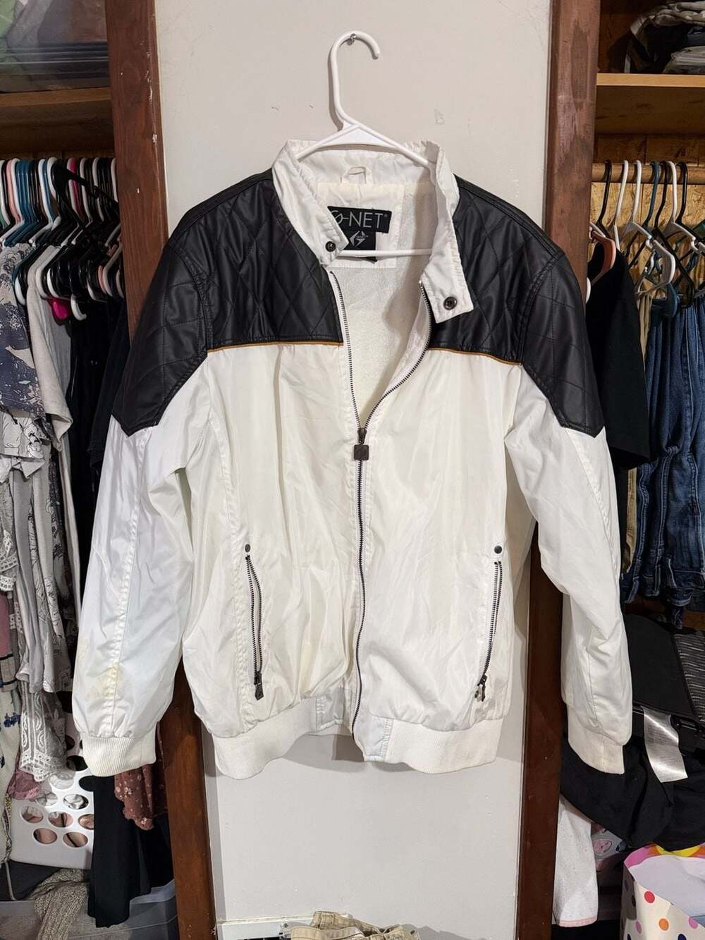 O-NET Jacket Size L White Black Quilted Faux Leather Bomber